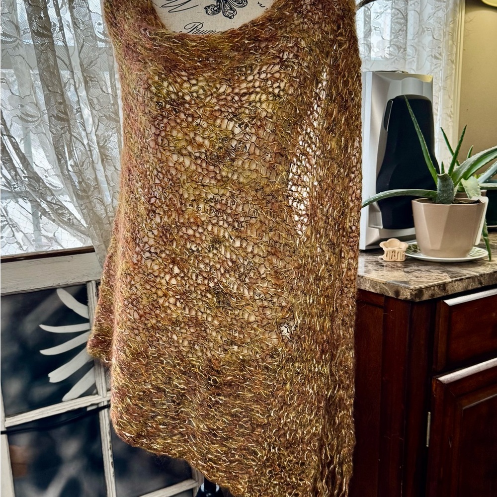 Elegant Brown and Gold Poncho with Open Knit Texture